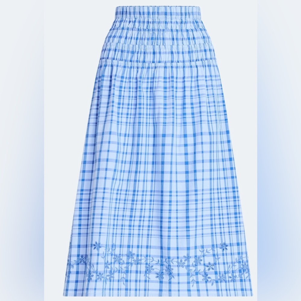 Free Assembly Blue Plaid Smocked Waist Maxi Cotton Skirt‎ Embroidered Hem XL NWT